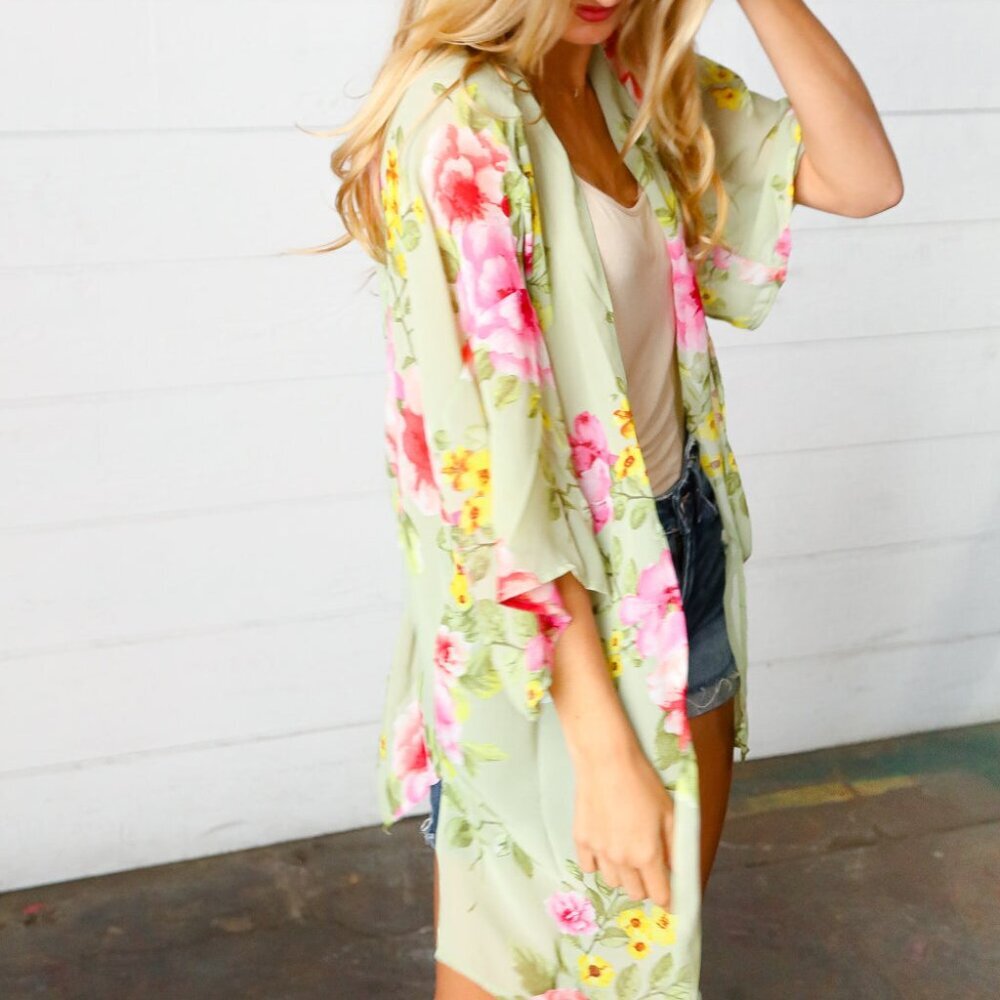 New Sage Floral Print Chiffon Cover Up Kimono  Size Large & 2X